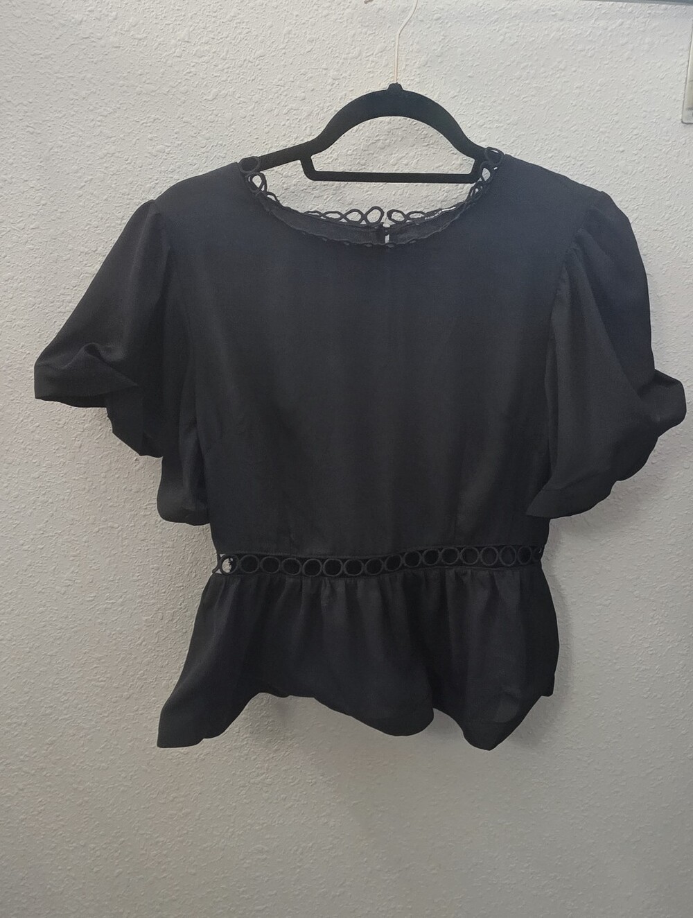 Fashion Nova Black Short Puff Sleeve Peplum Top with Loop Trim